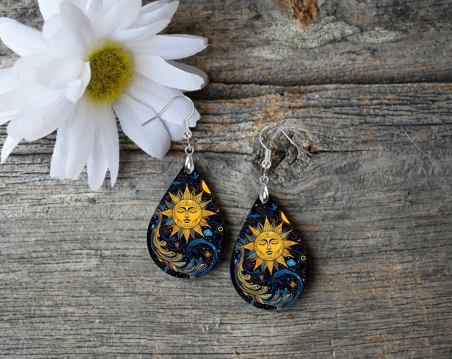 Celestial Sun Print Earrings Print Tear Drop Wood Dangle Earrings Hypoallergenic Jewelry