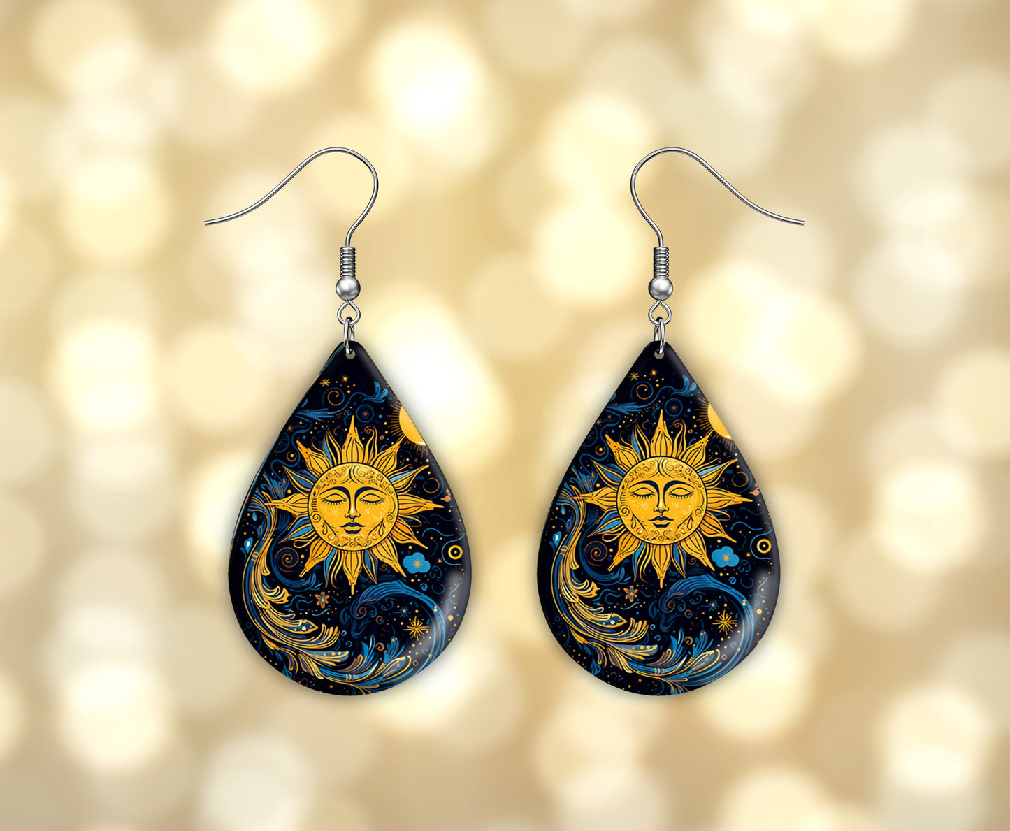 Celestial Sun Print Earrings Print Tear Drop Wood Dangle Earrings Hypoallergenic Jewelry