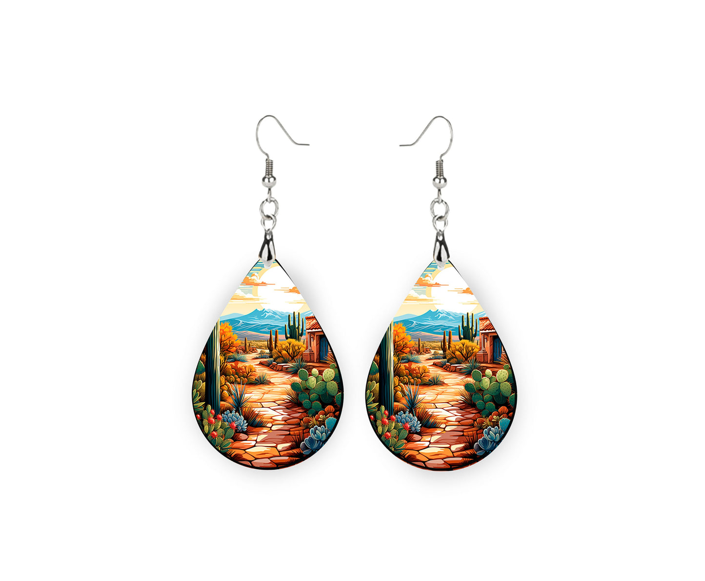 Desert Path Print Earrings Print Tear Drop Wood Dangle Earrings Hypoallergenic Jewelry