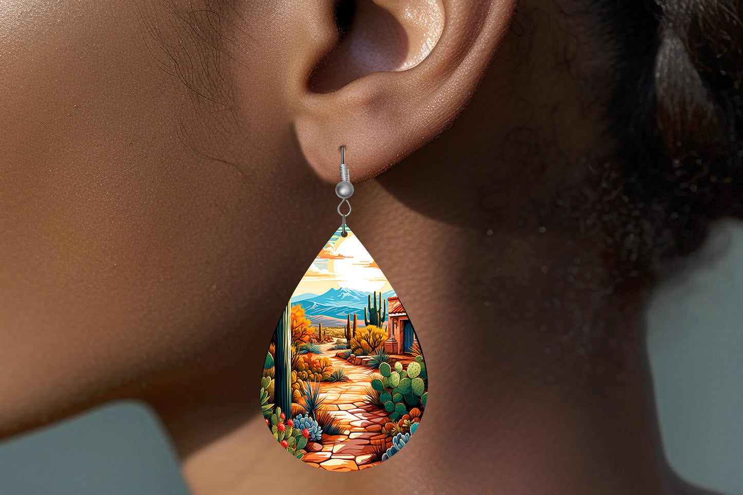 Desert Path Print Earrings Print Tear Drop Wood Dangle Earrings Hypoallergenic Jewelry