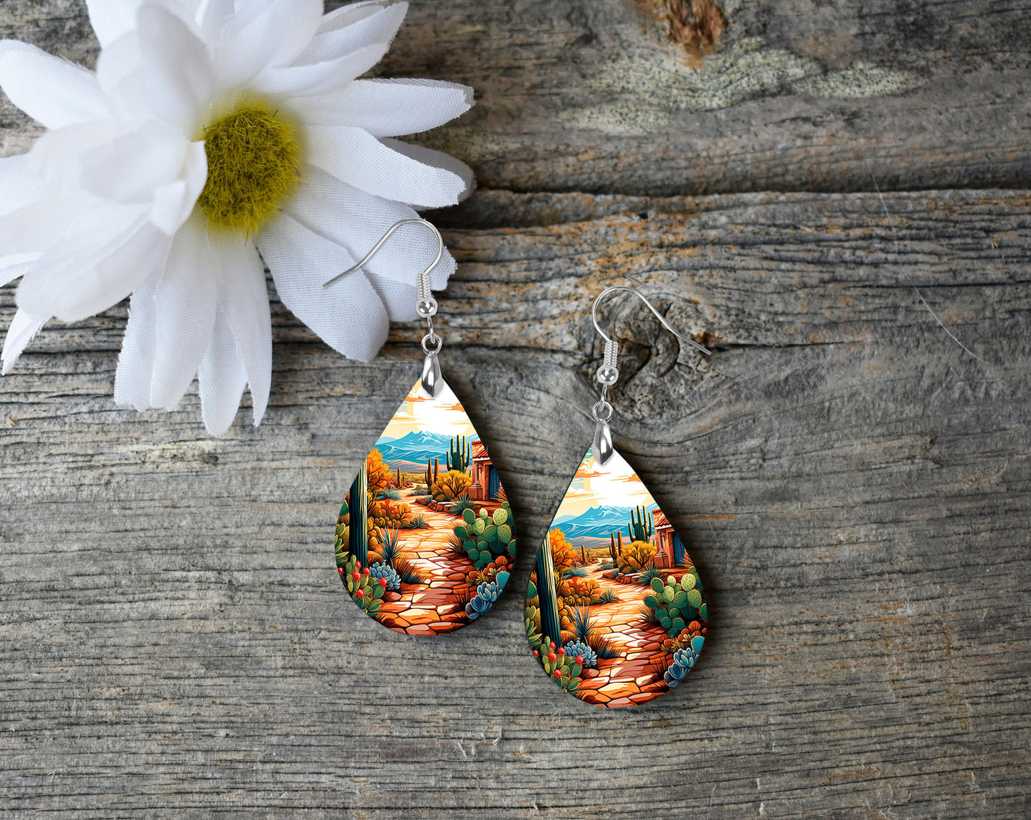 Desert Path Print Earrings Print Tear Drop Wood Dangle Earrings Hypoallergenic Jewelry