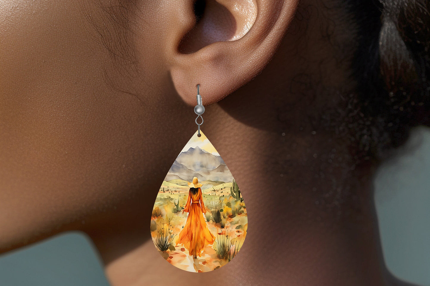 Desert Stroll Print Earrings Print Tear Drop Wood Dangle Earrings Hypoallergenic Jewelry