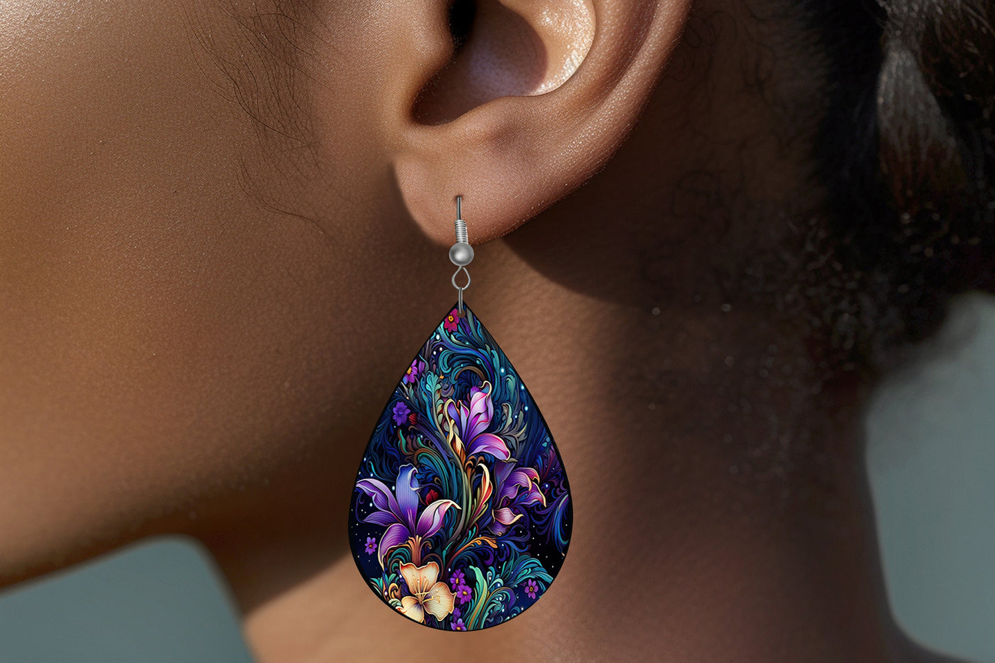 Floral Bioluminescence Print Earrings Print Tear Drop Wood Dangle Earrings Hypoallergenic Jewelry