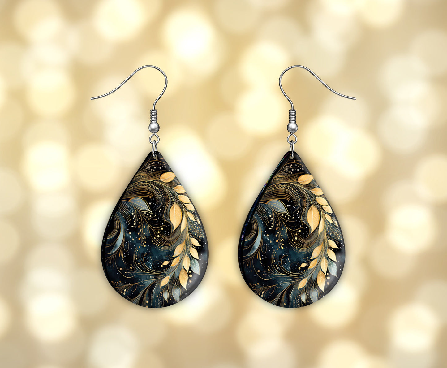 Gold Leaves Print Earrings Print Tear Drop Wood Dangle Earrings Hypoallergenic Jewelry