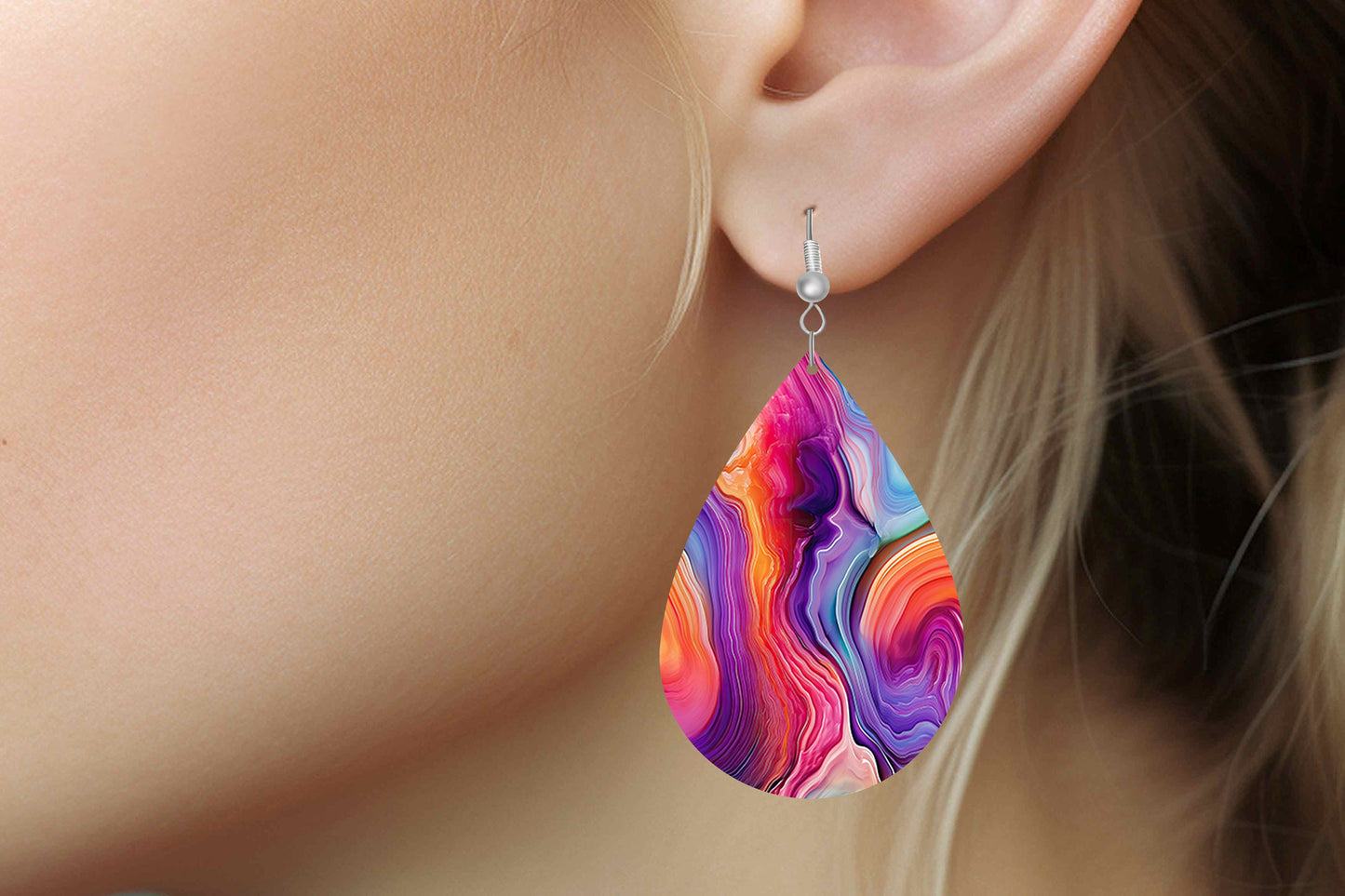 Agate Flow Print Earrings Print Tear Drop Wood Dangle Earrings Hypoallergenic Jewelry