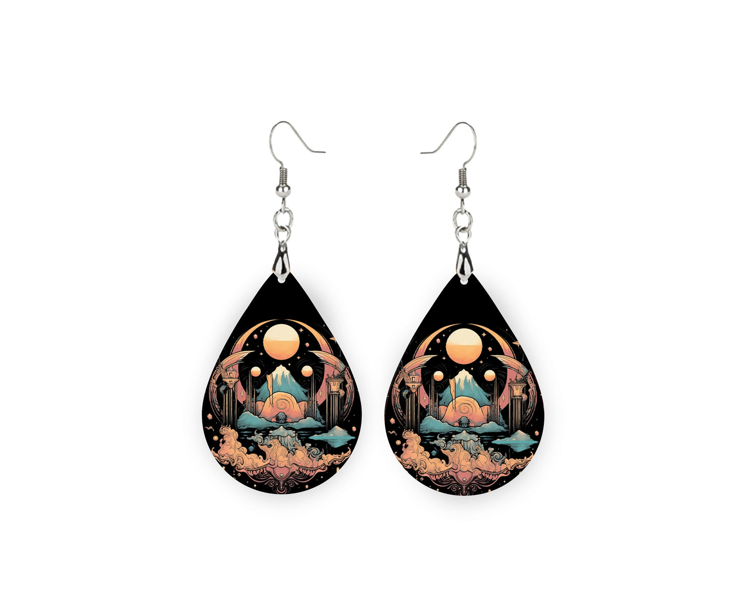 Art Deco Moon Print Earrings Print Tear Drop Wood Dangle Earrings Hypoallergenic Jewelry