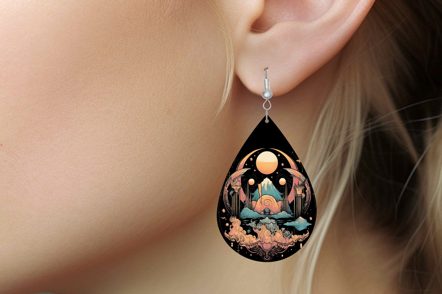 Art Deco Moon Print Earrings Print Tear Drop Wood Dangle Earrings Hypoallergenic Jewelry