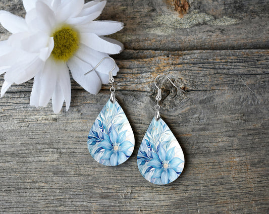 Blue Tropical Flowers Print Earrings Print Tear Drop Wood Dangle Earrings Hypoallergenic Jewelry