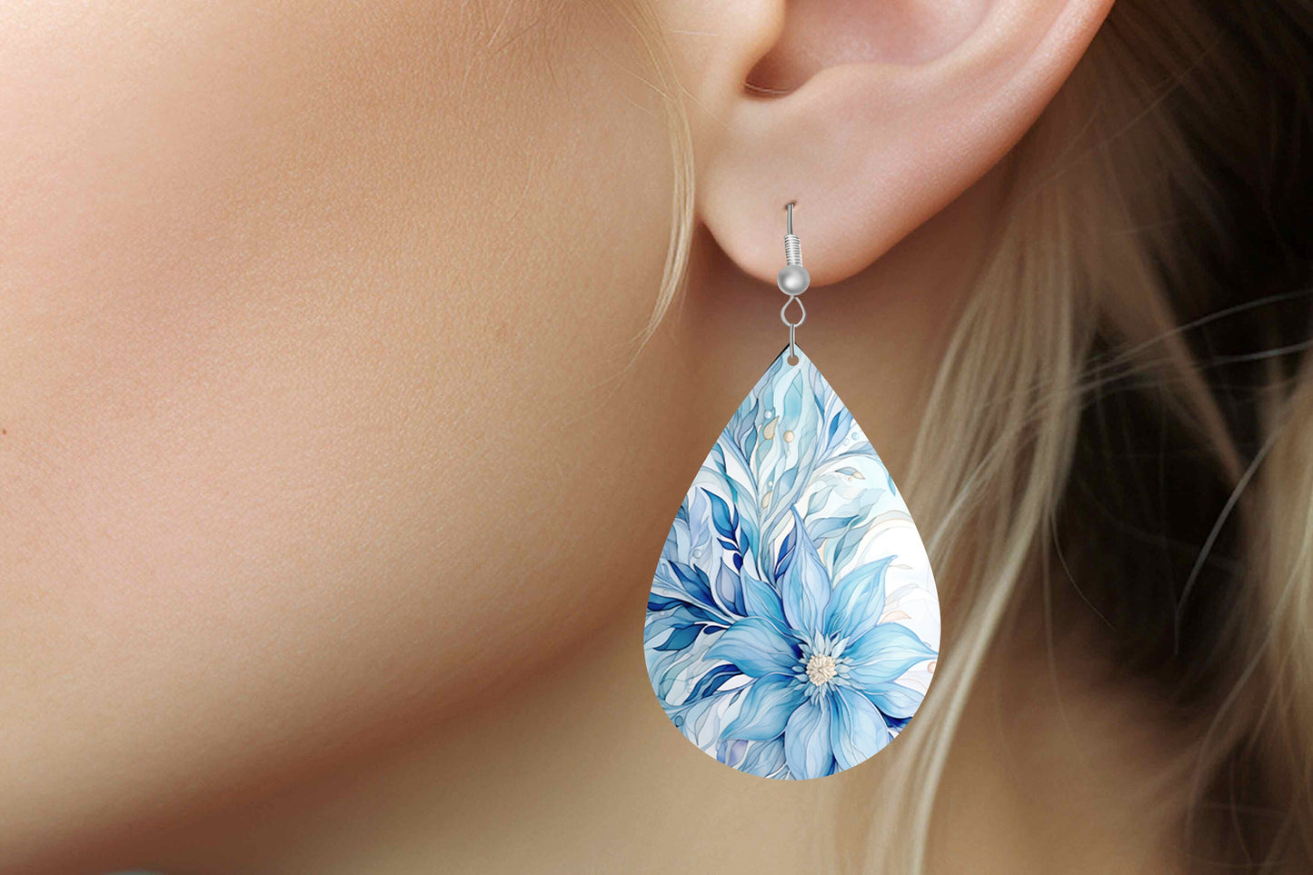 Blue Tropical Flowers Print Earrings Print Tear Drop Wood Dangle Earrings Hypoallergenic Jewelry