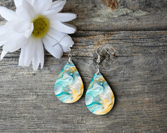 Blue Yellow Swirl Print Earrings Print Tear Drop Wood Dangle Earrings Hypoallergenic Jewelry