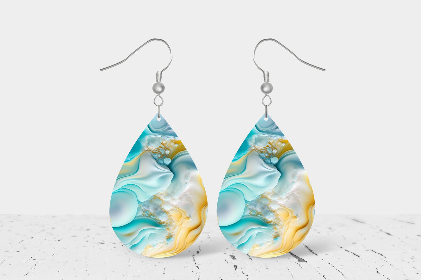 Blue Yellow Swirl Print Earrings Print Tear Drop Wood Dangle Earrings Hypoallergenic Jewelry