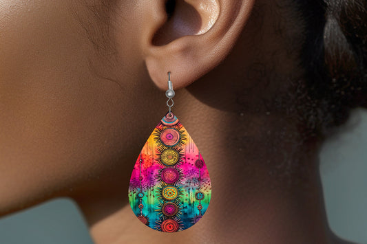 Boho Tie Dye Print Earrings Print Tear Drop Wood Dangle Earrings Hypoallergenic Jewelry