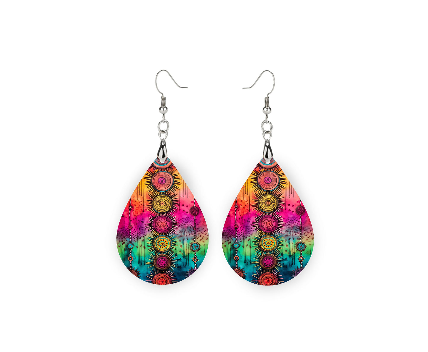 Boho Tie Dye Print Earrings Print Tear Drop Wood Dangle Earrings Hypoallergenic Jewelry