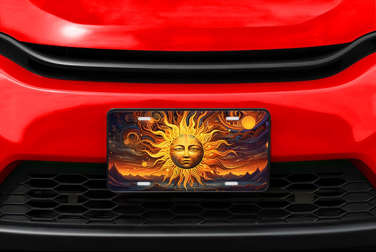 Vanity Front License Plate, Celestial Sun on Fire Aluminum Vanity License Plate Car Accessory Decorative Front Plate