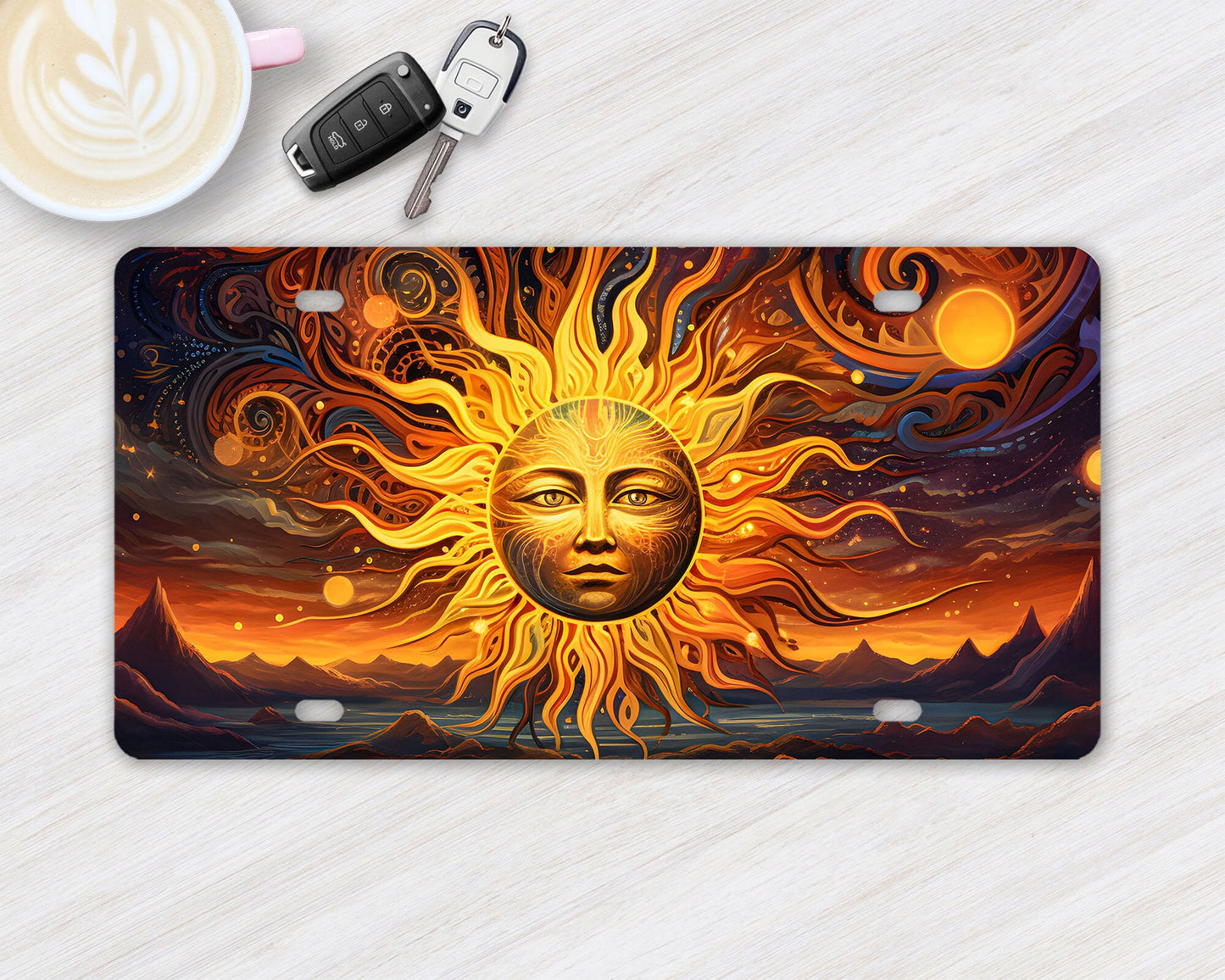 Vanity Front License Plate, Celestial Sun on Fire Aluminum Vanity License Plate Car Accessory Decorative Front Plate