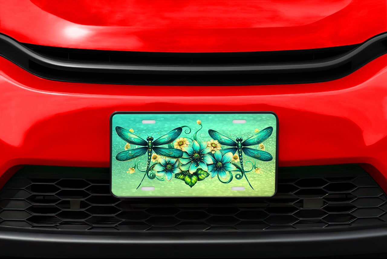 Vanity Front License Plate, Emerald Dragonflies Aluminum Vanity License Plate Car Accessory Decorative Front Plate