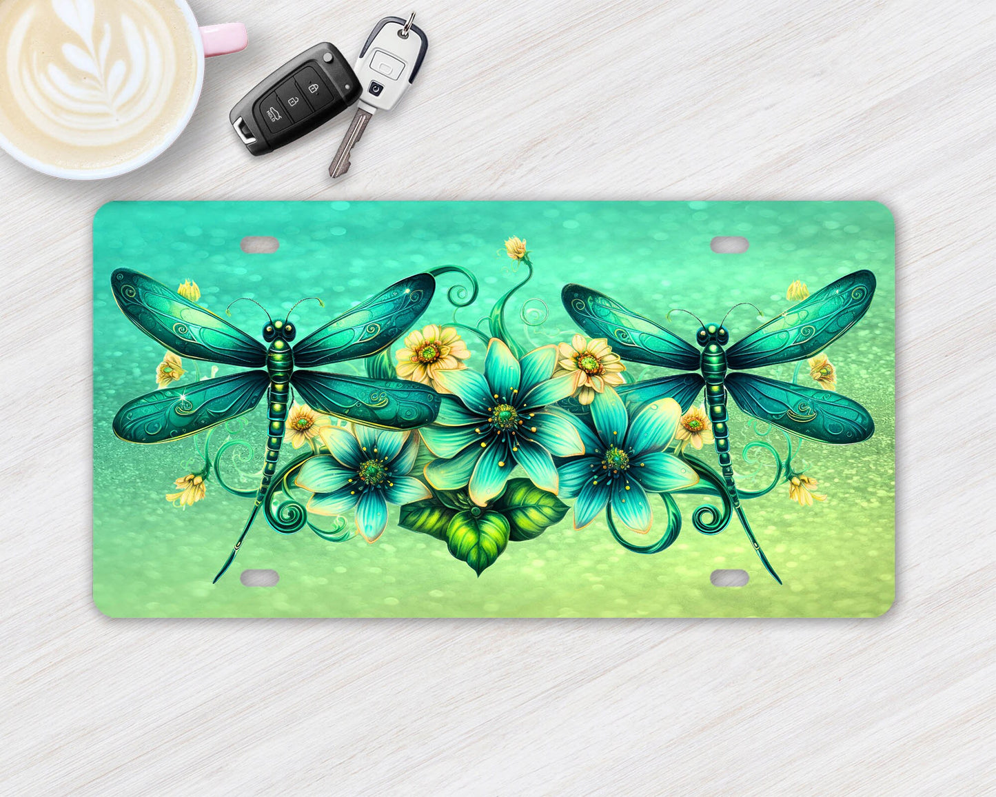 Vanity Front License Plate, Emerald Dragonflies Aluminum Vanity License Plate Car Accessory Decorative Front Plate