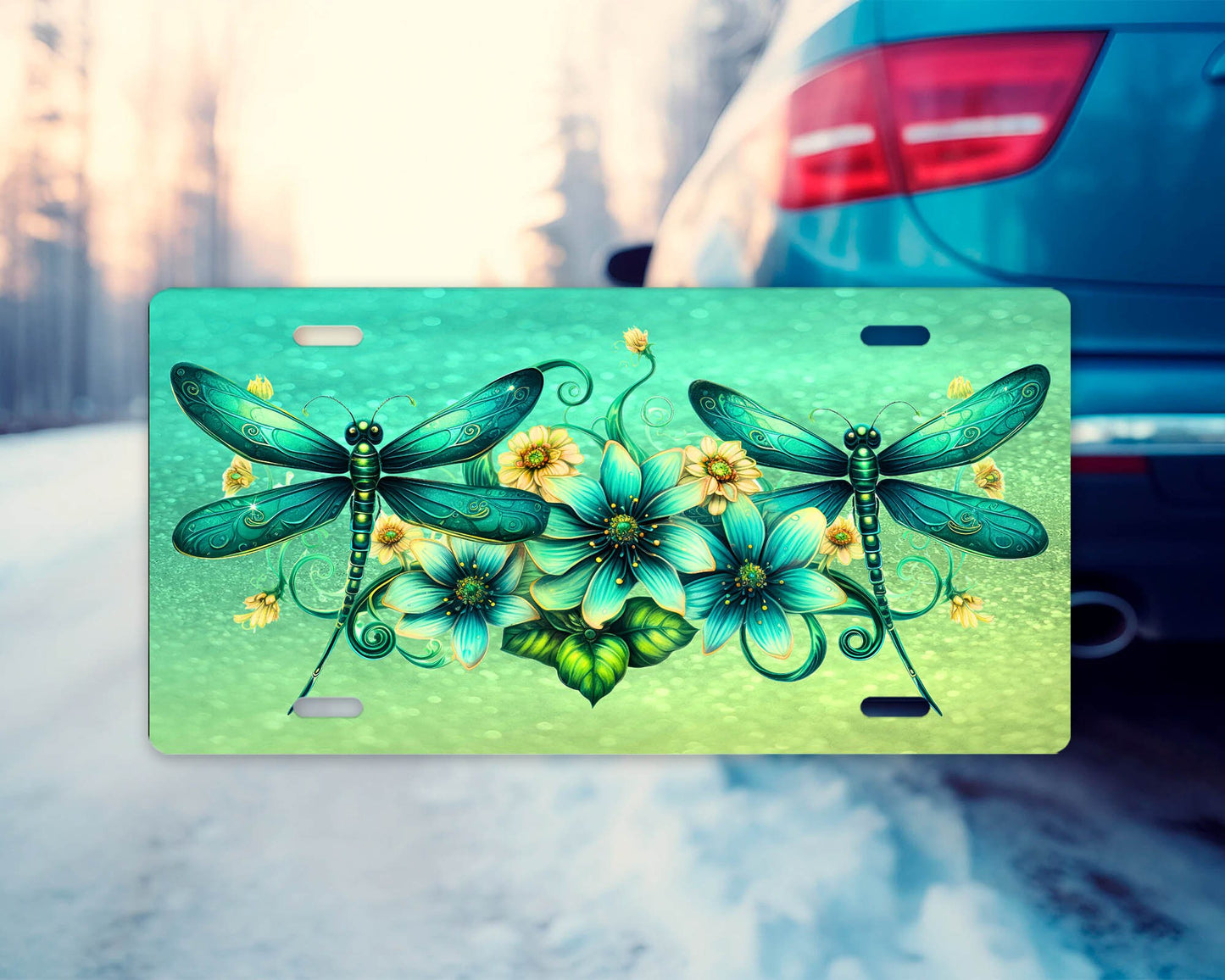 Vanity Front License Plate, Emerald Dragonflies Aluminum Vanity License Plate Car Accessory Decorative Front Plate