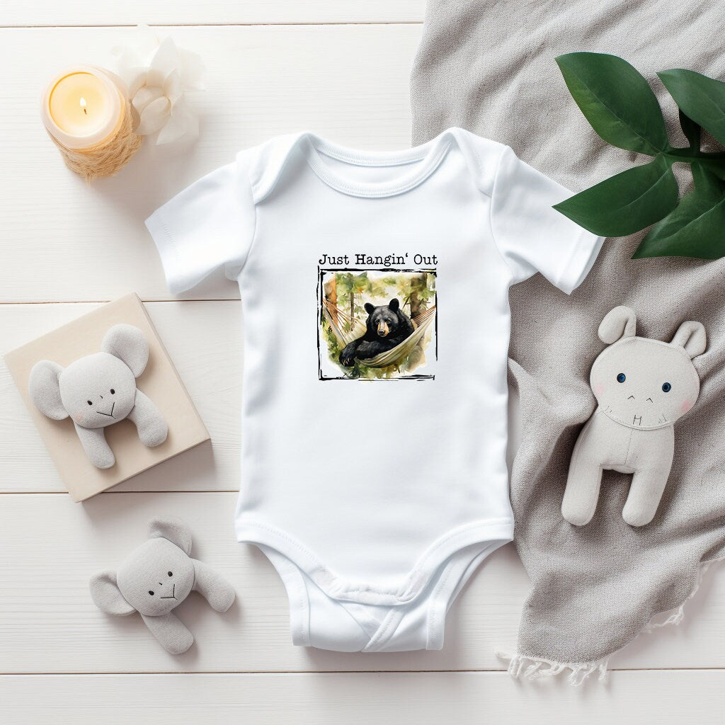 Baby Bodysuit, Just Hangin' Out Bear One Piece Baby Suit, Baby Gift, Long / Short Sleeve, 0-18 Months size