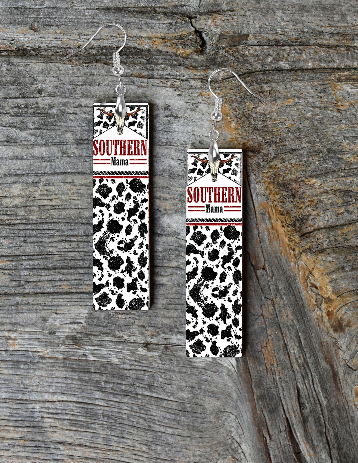 Southern Mama Earrings, Printed Wood Dangle Earrings Hypoallergenic Jewelry Handmade, Bar Earrings