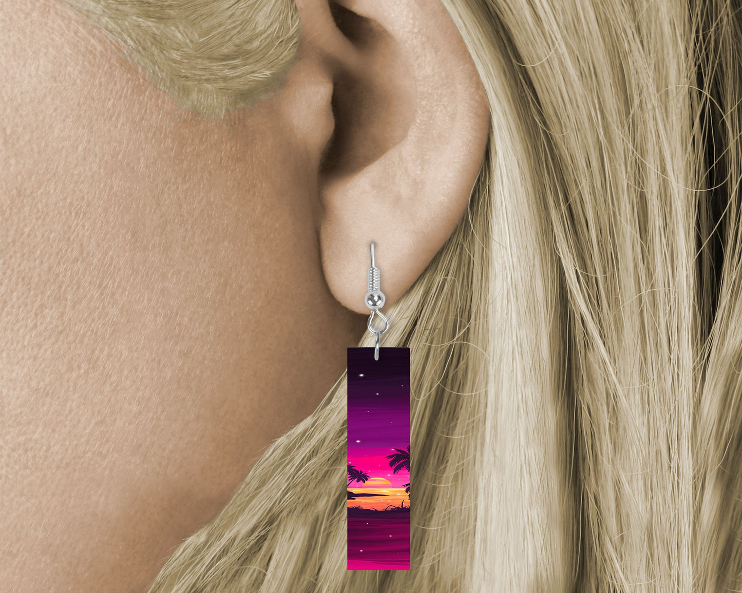 Sunset Beach Earrings, Printed Wood Dangle Earrings Hypoallergenic Jewelry Handmade