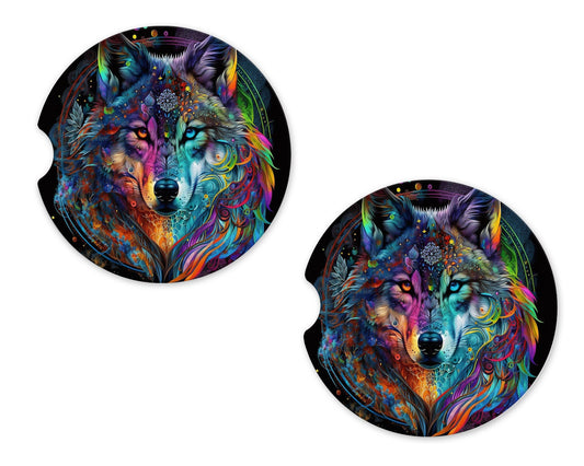 Set of 2 Beautiful Wolf Sandstone Car Coasters