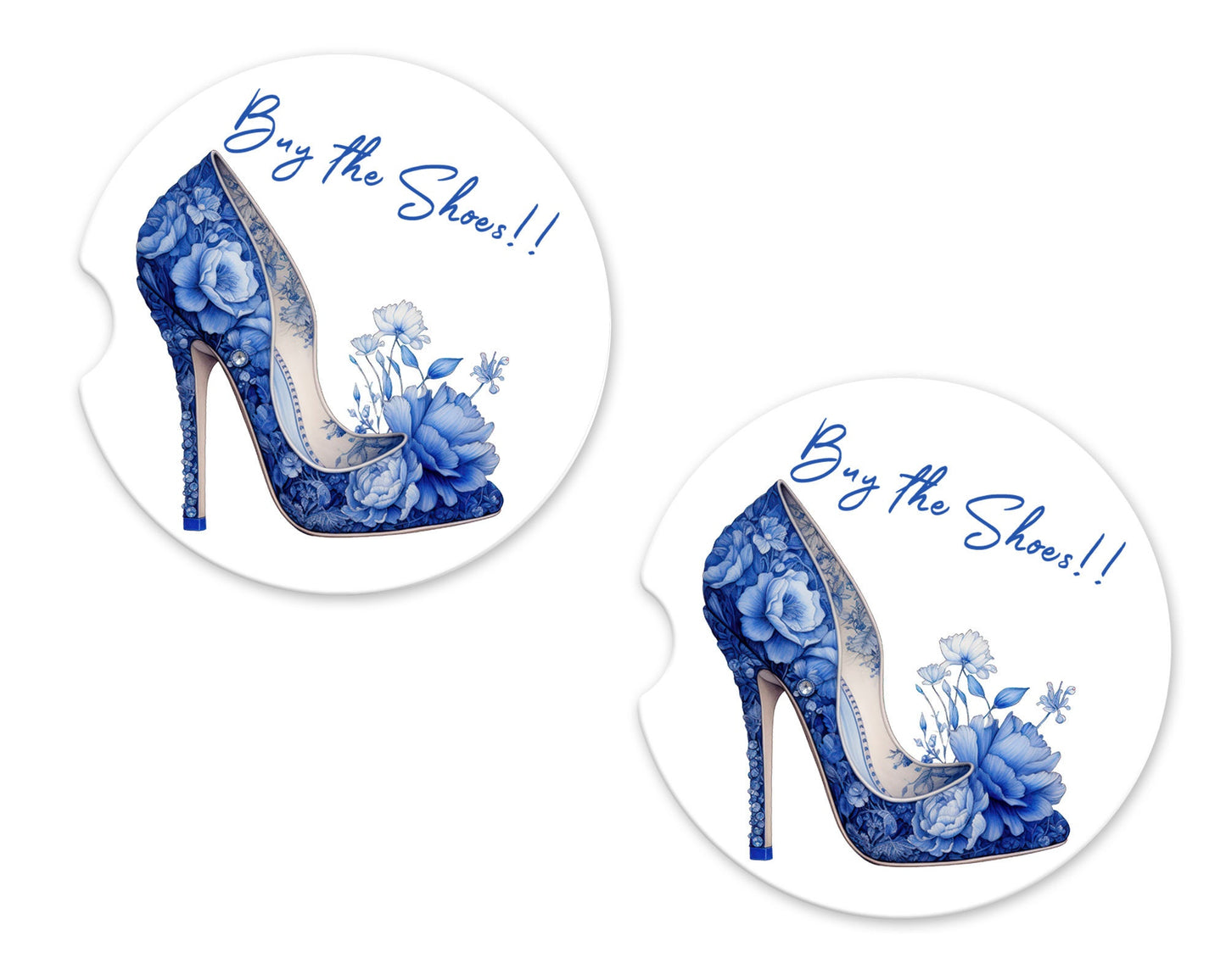 Set of 2 Blue Buy the Shoes Sandstone Car Coasters