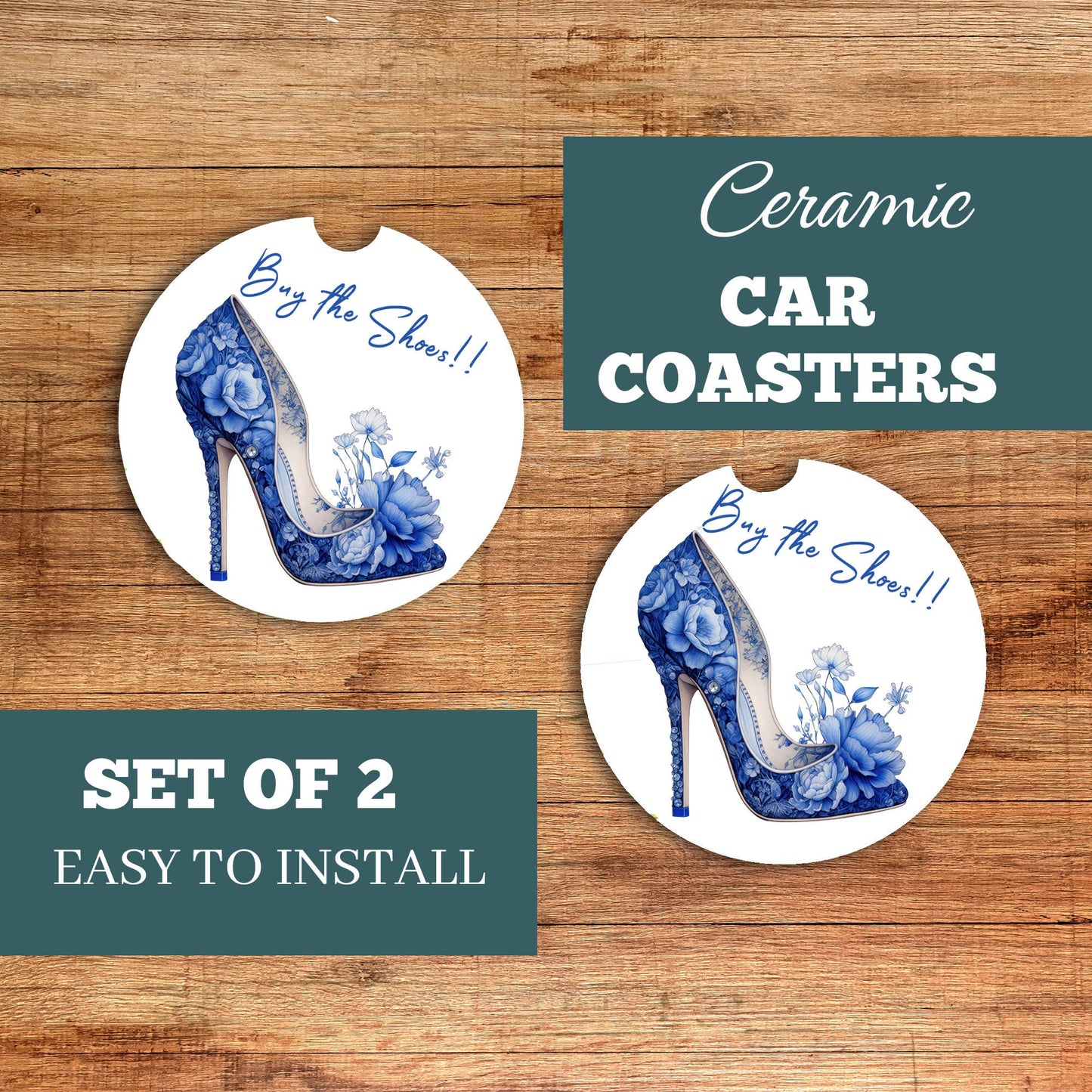 Set of 2 Blue Buy the Shoes Sandstone Car Coasters