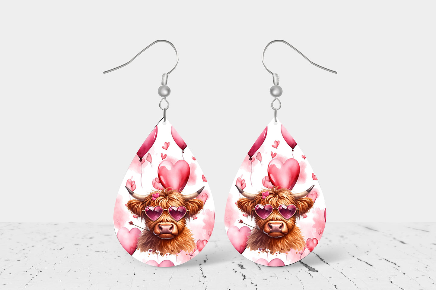 Heart Sunglasses Highland Cow Earrings Print Tear Drop Wood Dangle Earrings Hypoallergenic Jewelry, Valentine's Day