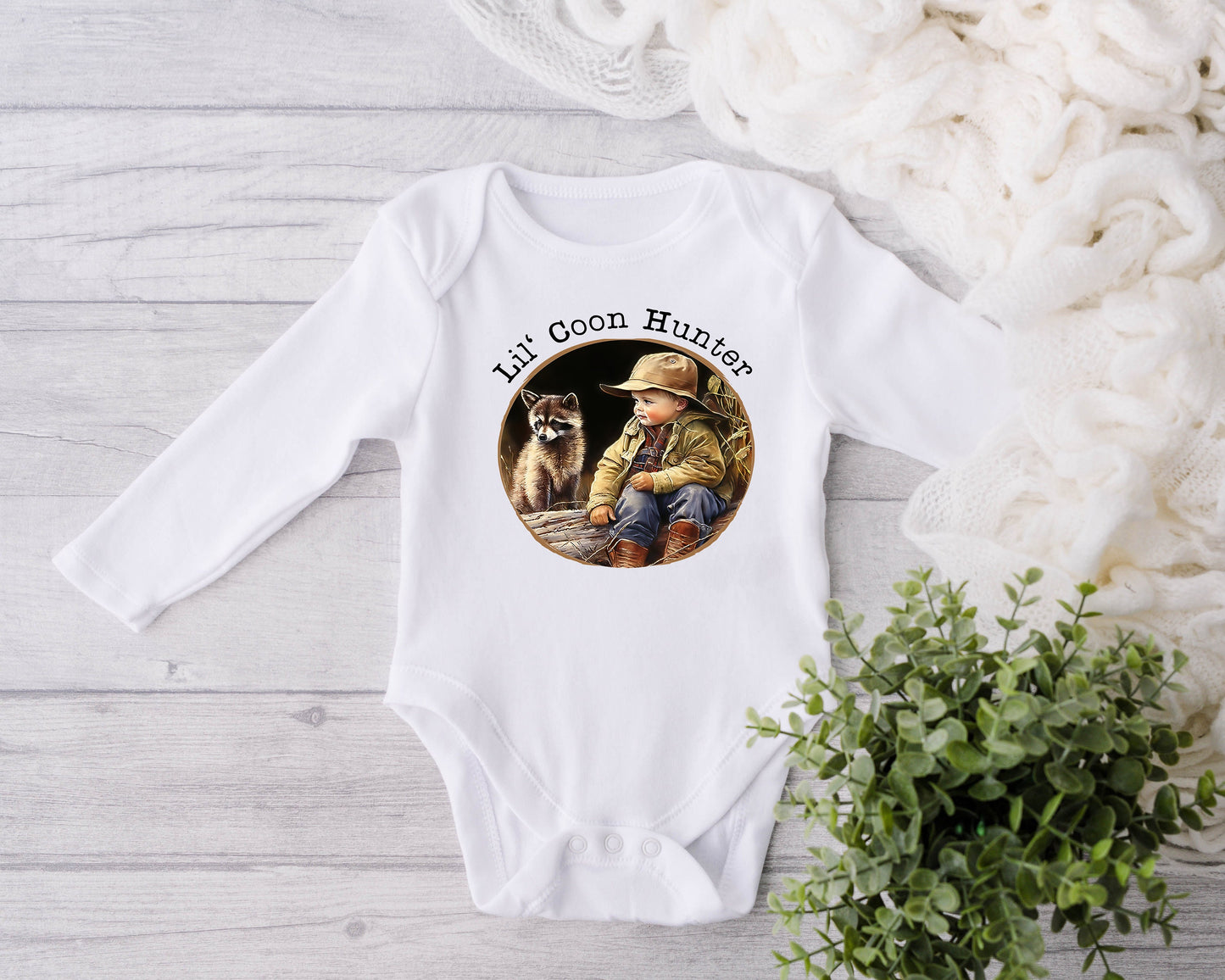 Baby Bodysuit, Lil' Coon Hunter One Piece Baby Suit, Baby Gift, Long / Short Sleeve, 0-18 Months size