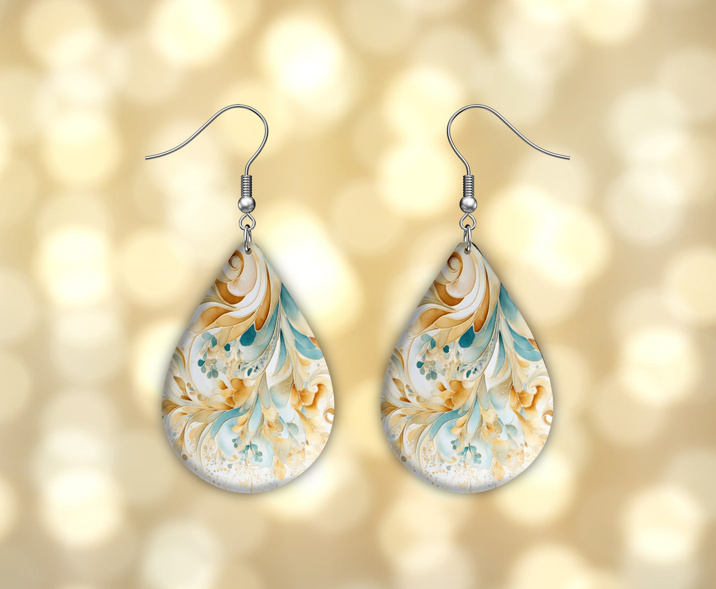 Gold, White and Blue Swirl Print Earrings Print Tear Drop Wood Dangle Earrings Hypoallergenic Jewelry