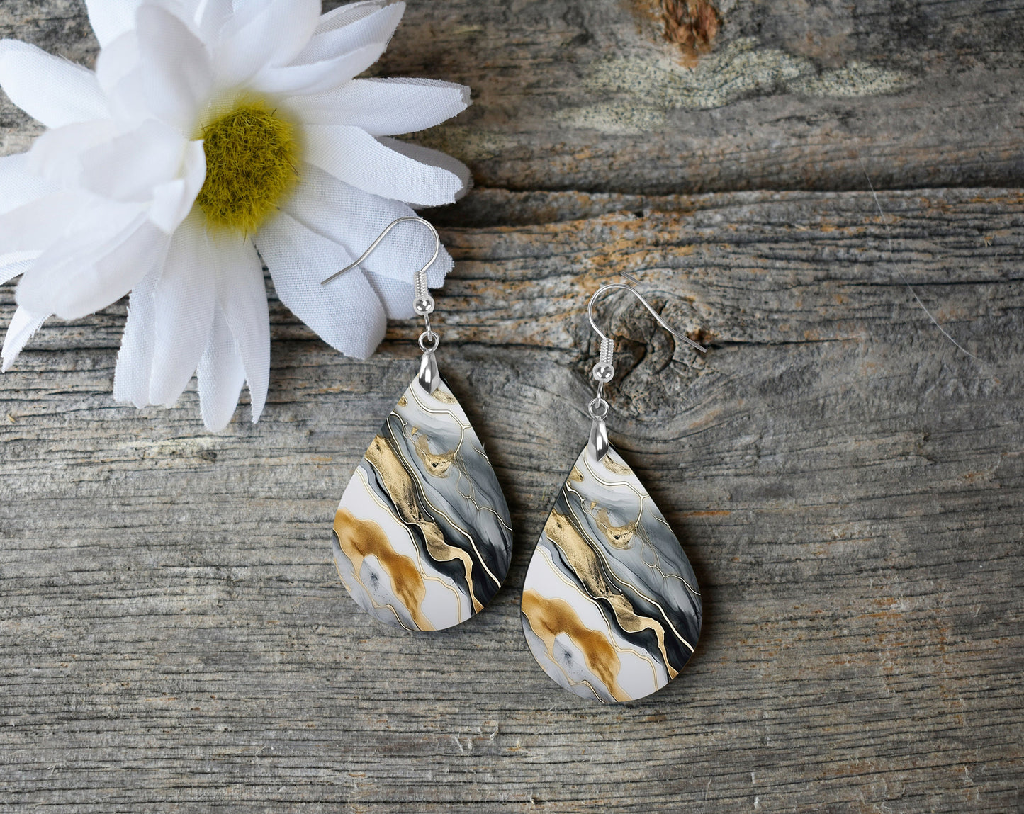 Gray and Gold Swirl Print Earrings Print Tear Drop Wood Dangle Earrings Hypoallergenic Jewelry