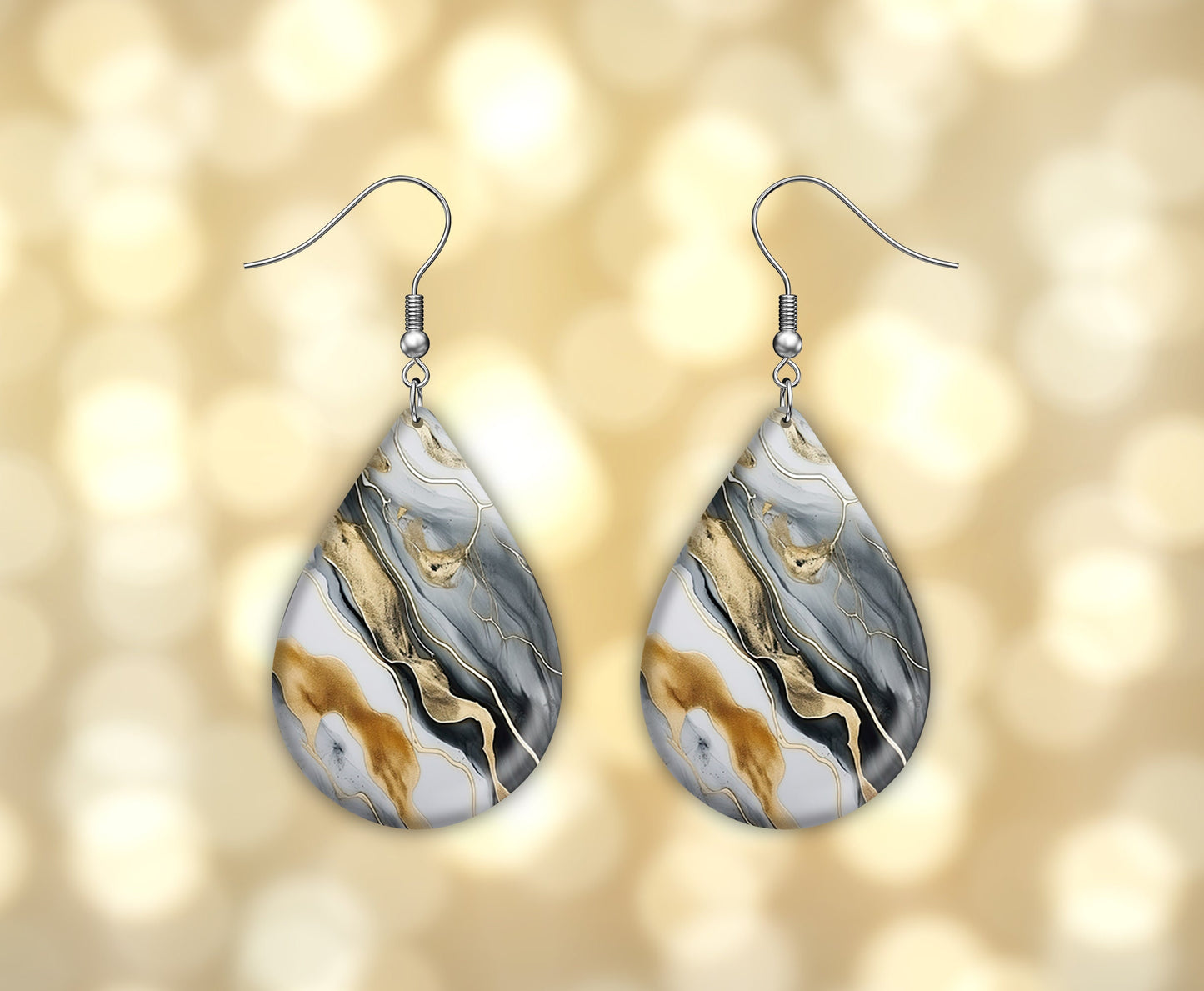 Gray and Gold Swirl Print Earrings Print Tear Drop Wood Dangle Earrings Hypoallergenic Jewelry