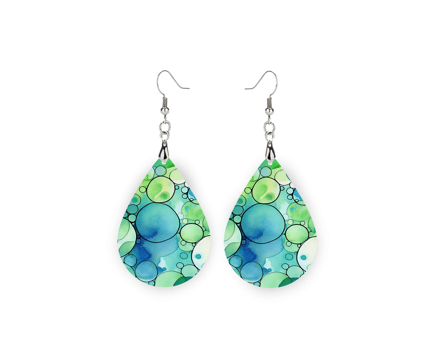 Green and Blue Bubbles Print Earrings Print Tear Drop Wood Dangle Earrings Hypoallergenic Jewelry