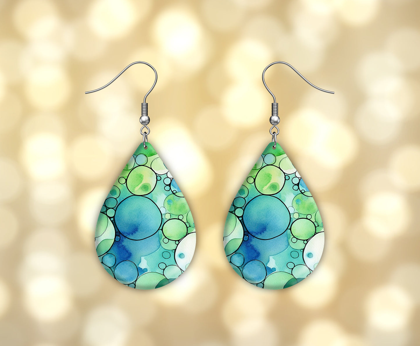 Green and Blue Bubbles Print Earrings Print Tear Drop Wood Dangle Earrings Hypoallergenic Jewelry