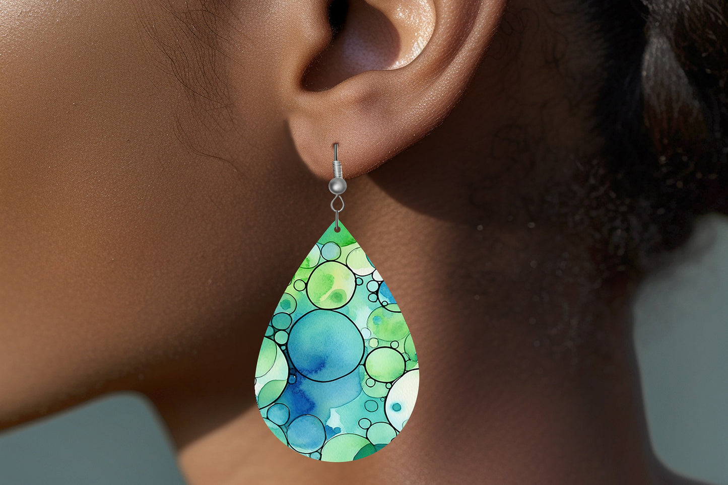 Green and Blue Bubbles Print Earrings Print Tear Drop Wood Dangle Earrings Hypoallergenic Jewelry