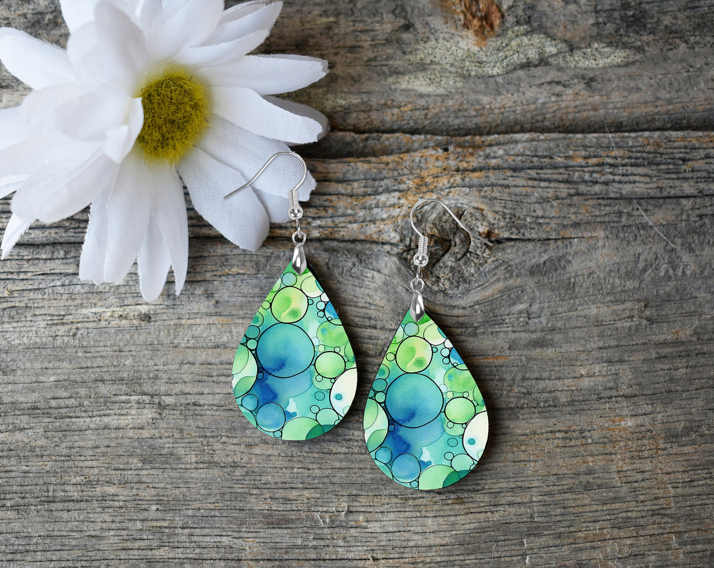 Green and Blue Bubbles Print Earrings Print Tear Drop Wood Dangle Earrings Hypoallergenic Jewelry