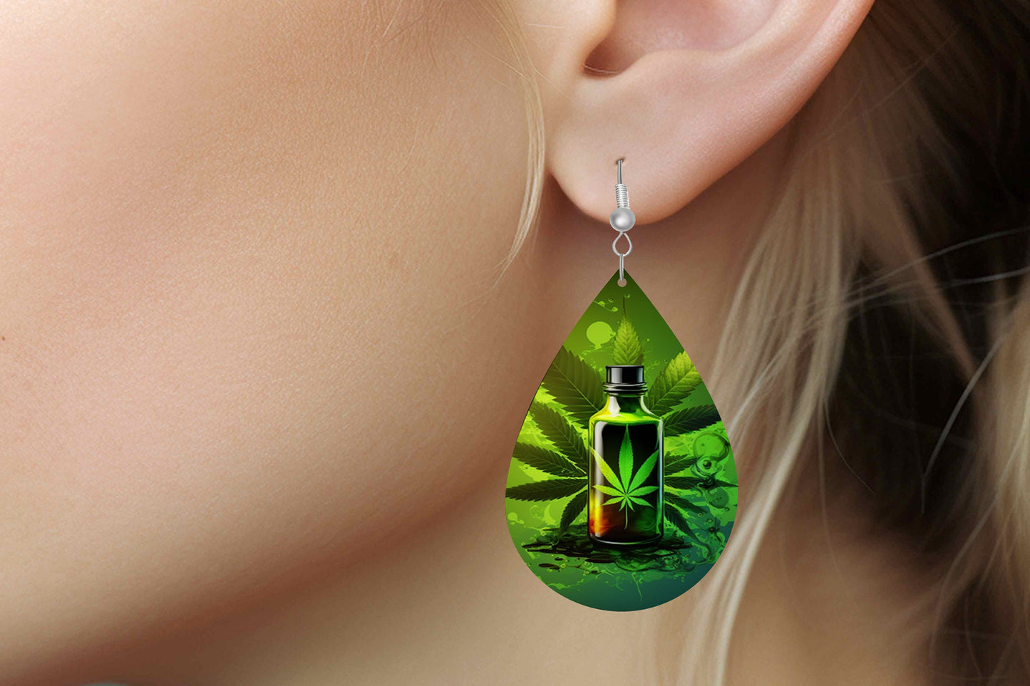 Green Weed Print Earrings Print Tear Drop Wood Dangle Earrings Hypoallergenic Jewelry