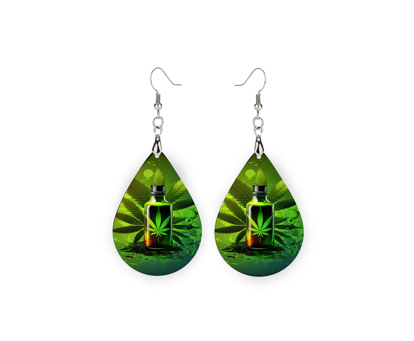 Green Weed Print Earrings Print Tear Drop Wood Dangle Earrings Hypoallergenic Jewelry