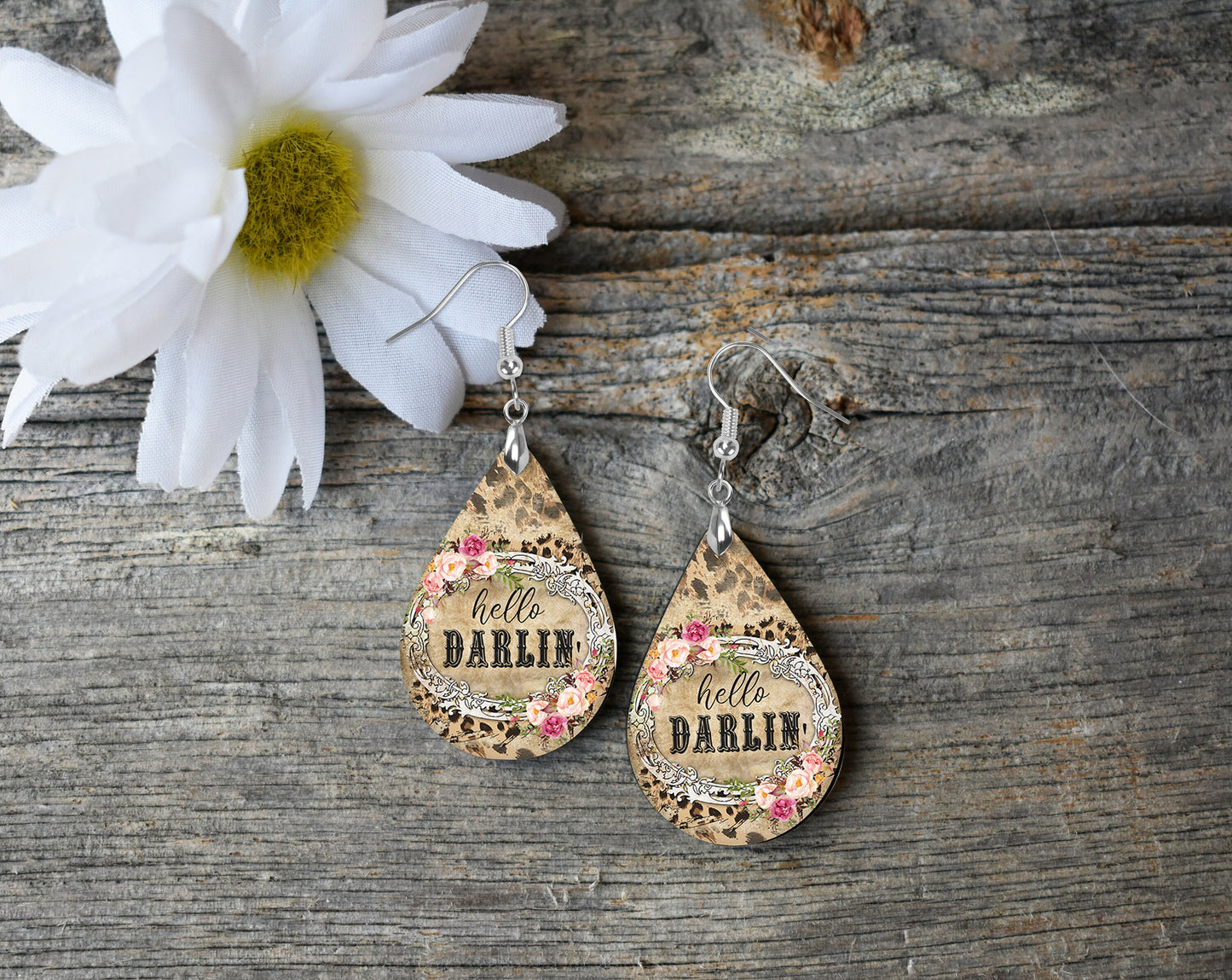 Hello Darlin' Print Earrings Print Tear Drop Wood Dangle Earrings Hypoallergenic Jewelry