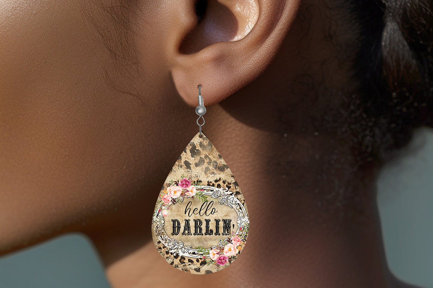 Hello Darlin' Print Earrings Print Tear Drop Wood Dangle Earrings Hypoallergenic Jewelry