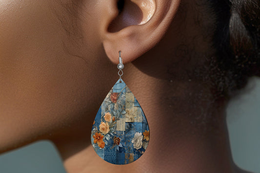 Indigo Copper Patchwork Print Earrings Print Tear Drop Wood Dangle Earrings Hypoallergenic Jewelry