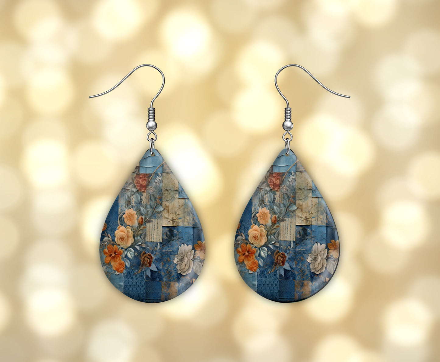 Indigo Copper Patchwork Print Earrings Print Tear Drop Wood Dangle Earrings Hypoallergenic Jewelry