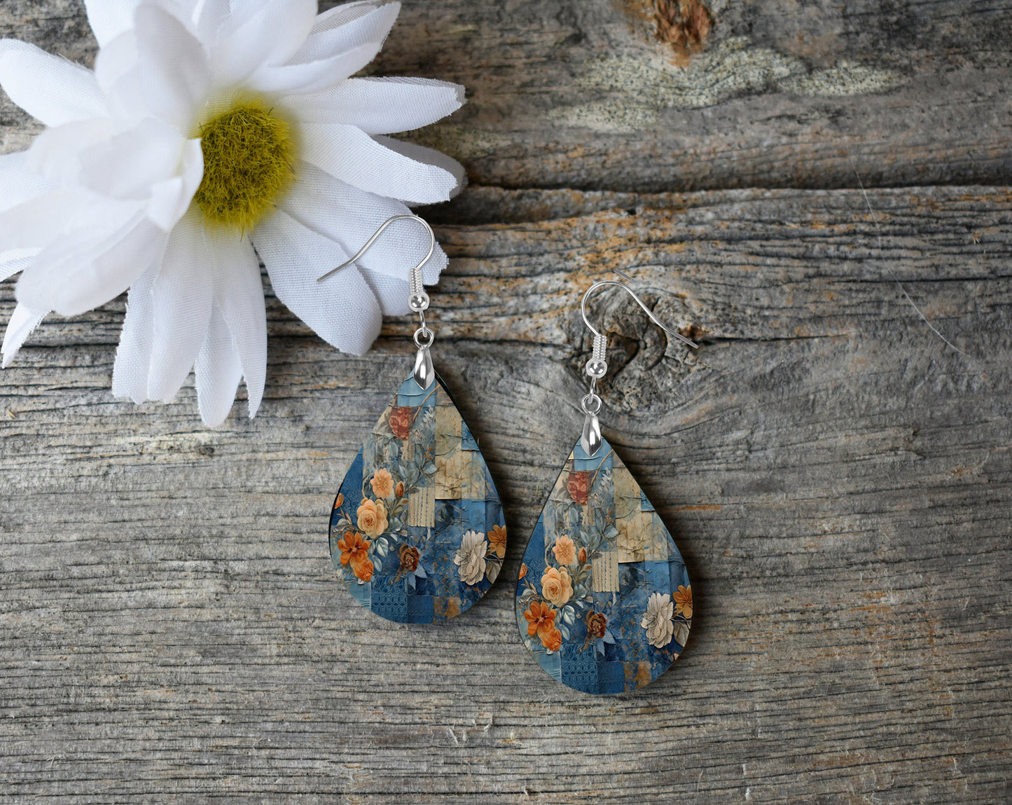 Indigo Copper Patchwork Print Earrings Print Tear Drop Wood Dangle Earrings Hypoallergenic Jewelry