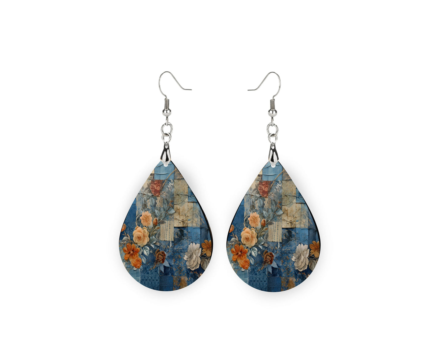 Indigo Copper Patchwork Print Earrings Print Tear Drop Wood Dangle Earrings Hypoallergenic Jewelry