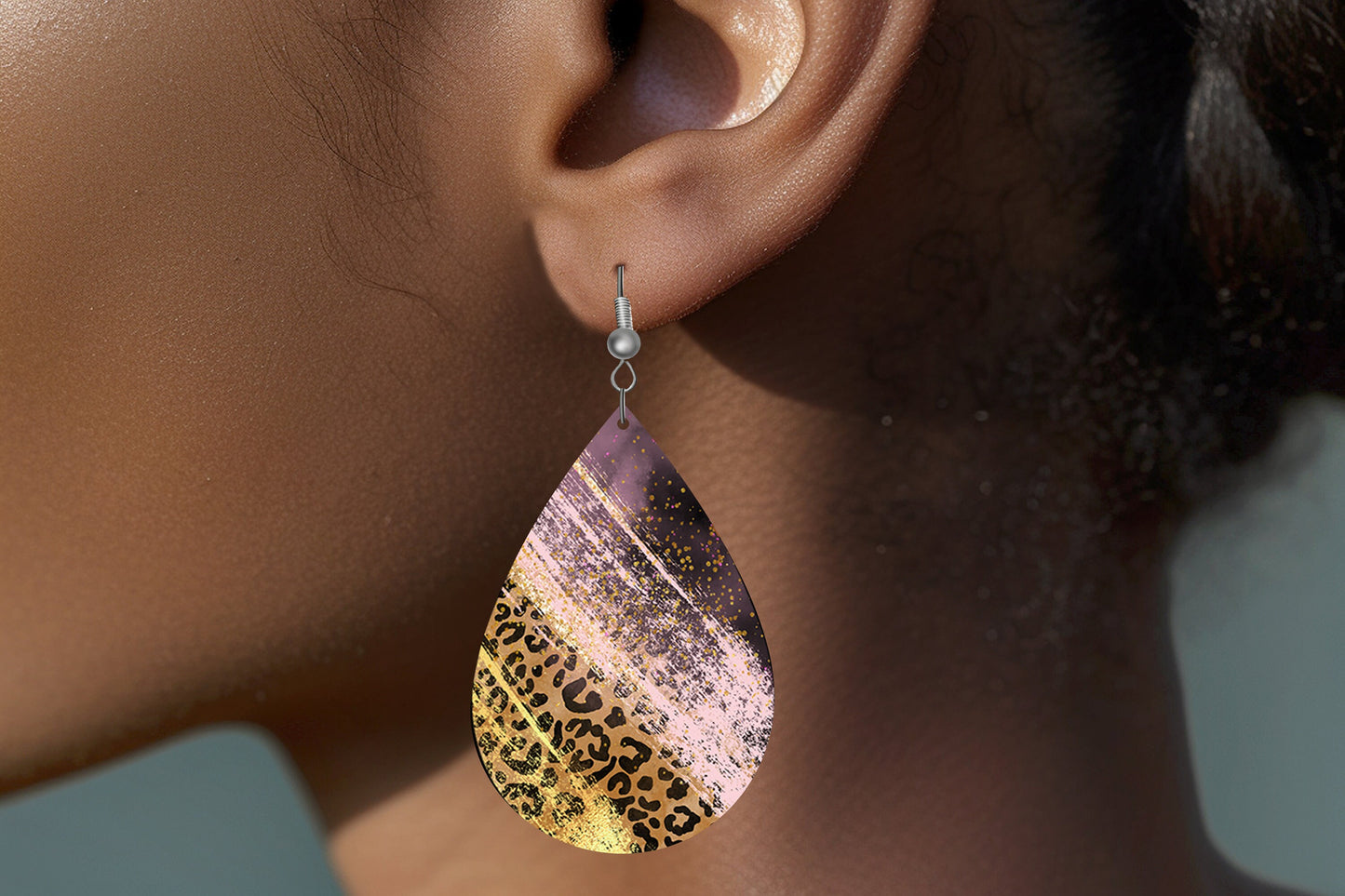 Leopard Stripes and Pink Print Earrings Print Tear Drop Wood Dangle Earrings Hypoallergenic Jewelry