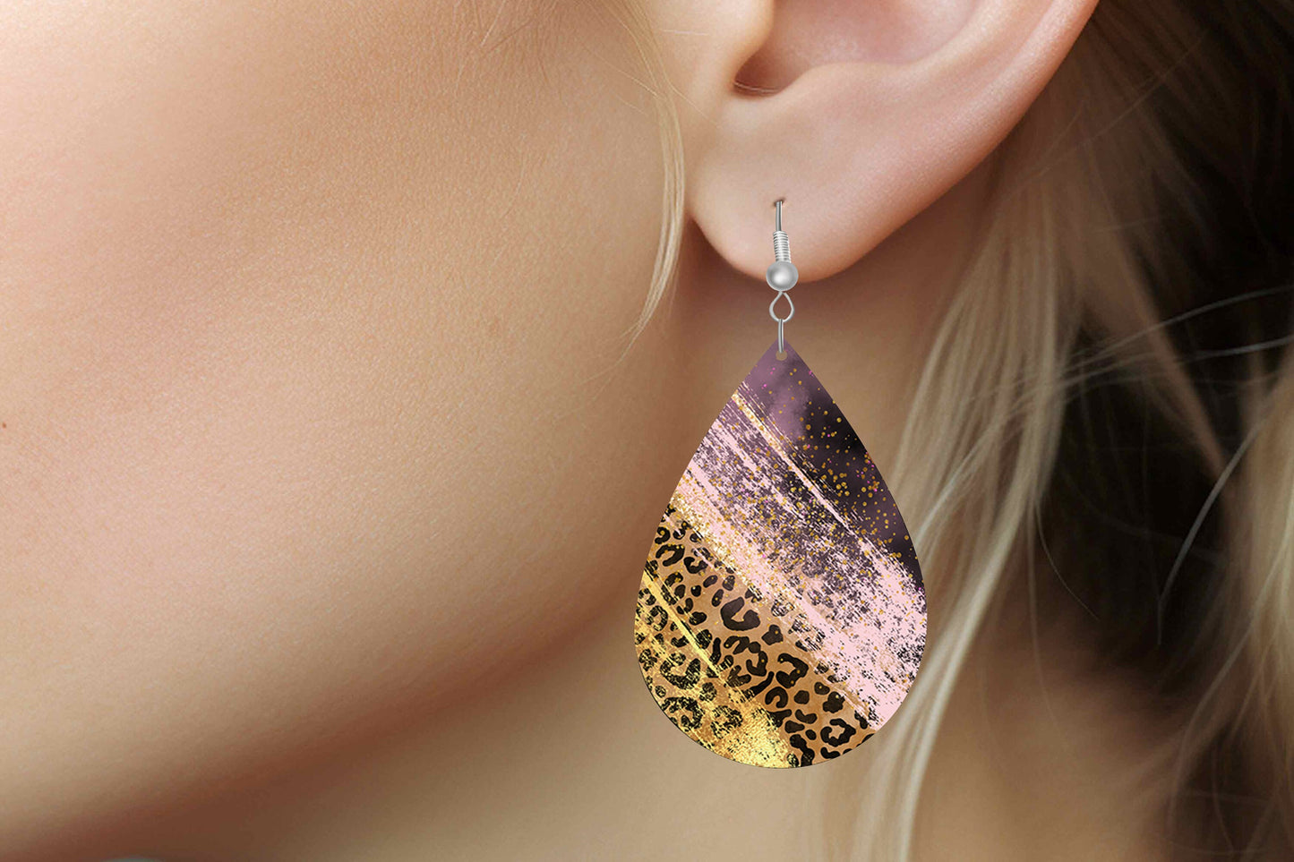 Leopard Stripes and Pink Print Earrings Print Tear Drop Wood Dangle Earrings Hypoallergenic Jewelry