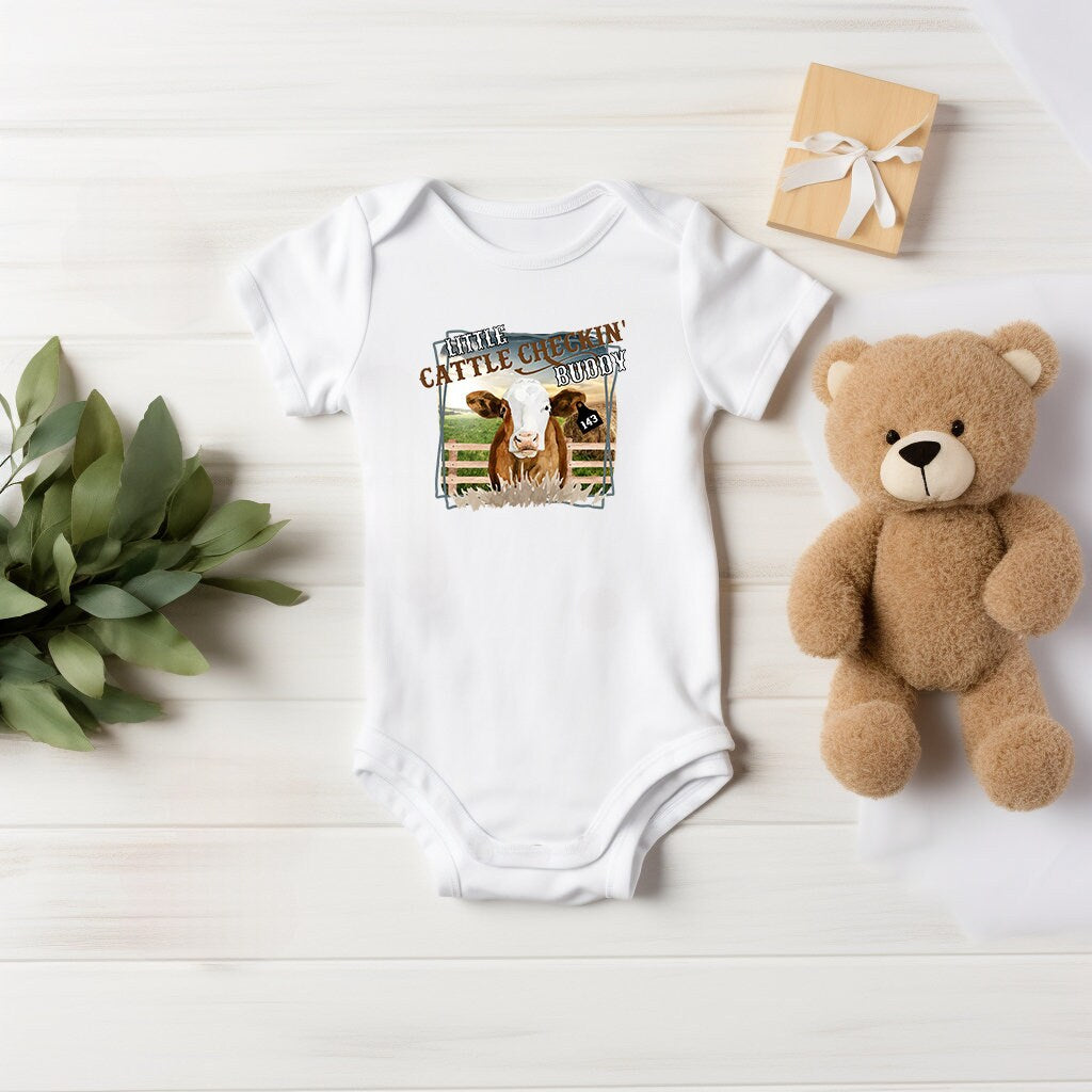 Baby Bodysuit, Little Cattle Checking Buddy One Piece Baby Suit, Baby Gift, Long / Short Sleeve, 0-18 Months size