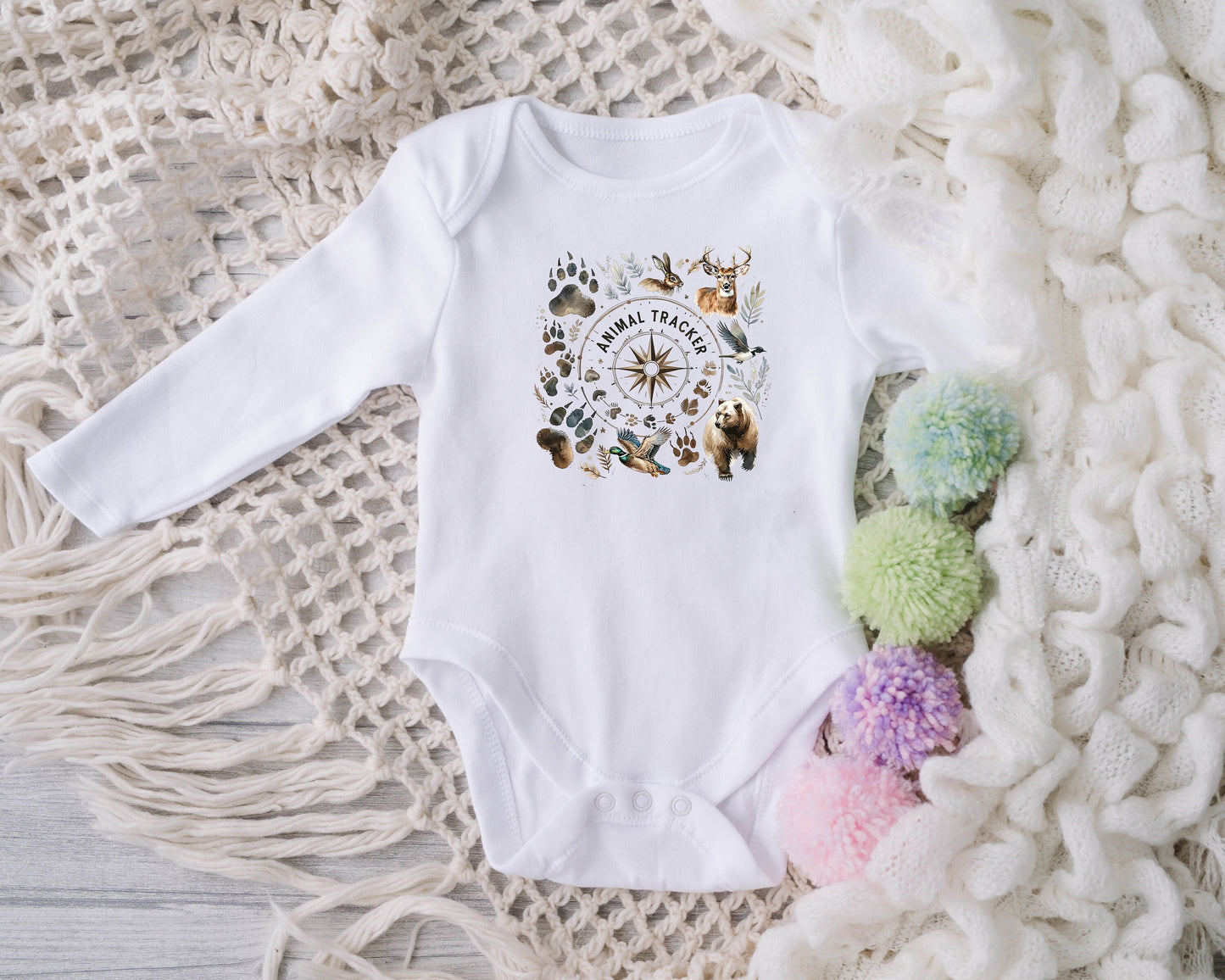 Baby Bodysuit, Animal Tracker One Piece Baby Suit, Baby Gift, Long / Short Sleeve, 0-18 Months size