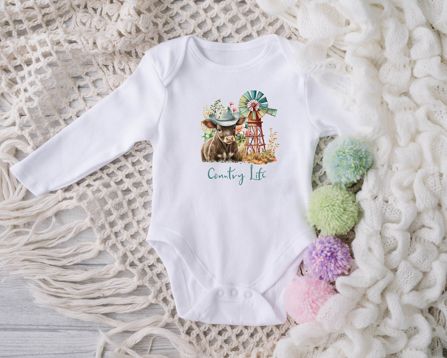 Baby Bodysuit, Country Life One Piece Baby Suit, Baby Gift, Long / Short Sleeve, 0-18 Months size